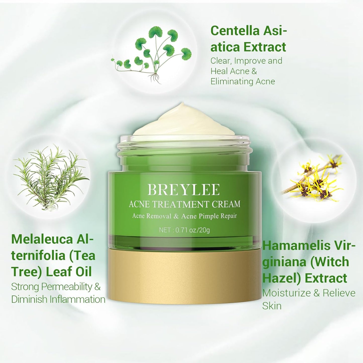 BREYLEE Crema per il trattamento dell'acne, Crema per l'acne all'olio dell'albero del tè per eliminare l'acne grave, gli sfoghi cutanei, rimuovere i brufoli e riparare la pelle (20 ml, 0,7 once)