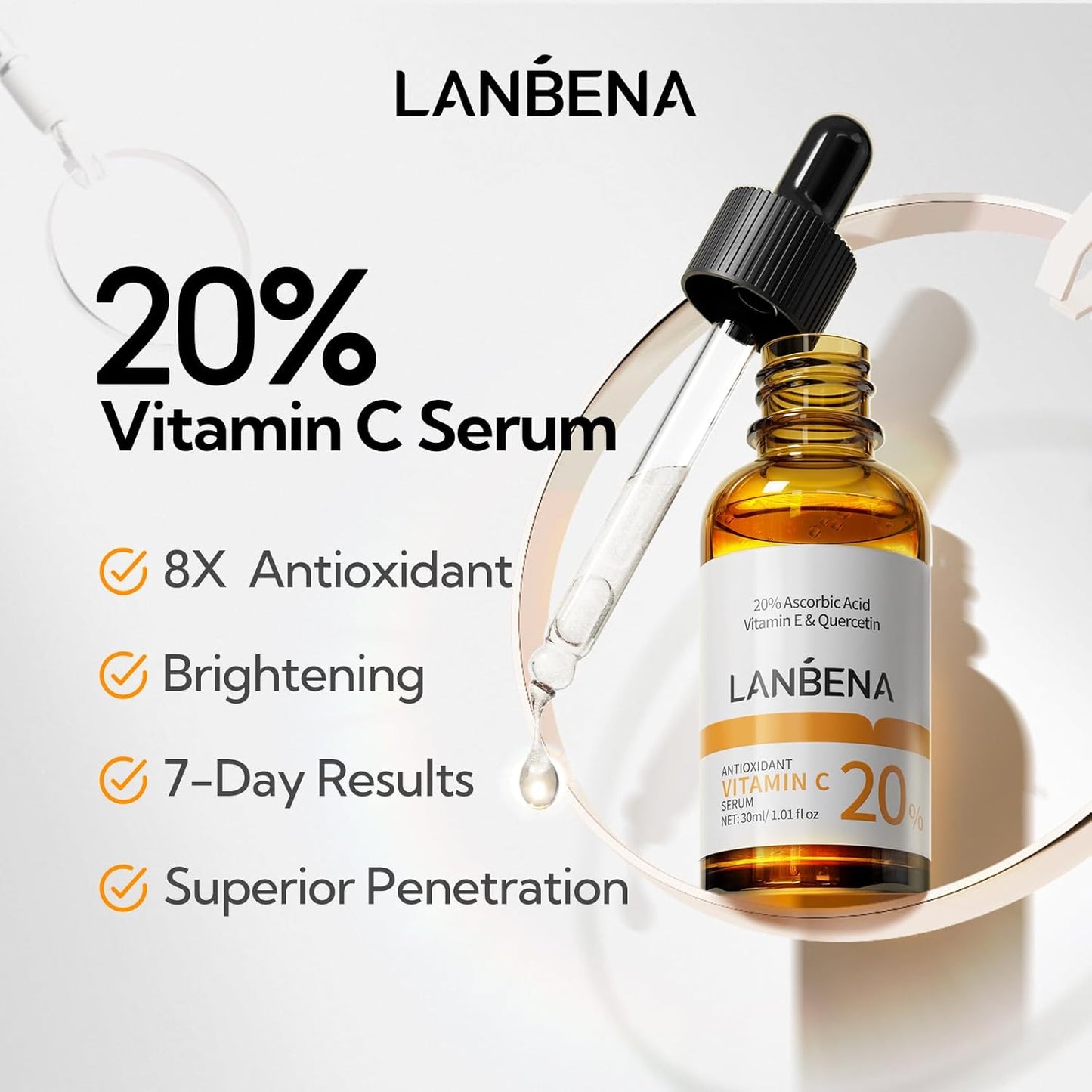 Sérum à 20 % de vitamine C pour le visage, éclaircissant pour la peau, élimine les taches brunes, réduit les rides, sérum anti-âge éclatant, hydratant pour le visage avec niacinamide, vitamine E, acide hyaluronique, 15 ml/0,51 fl oz 