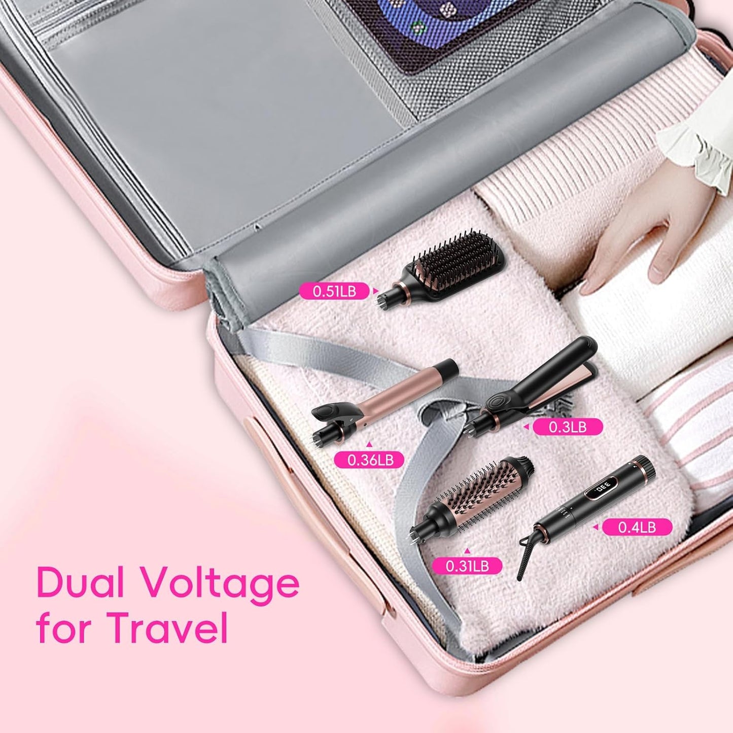 Hair Straightening Brush Set with Thermal Brush Flat Iron, 1 Inch Ceramic Curling Iron, 5 Adjustable Temps Professional Fast Heat with Glove, Dual Voltage for Travel