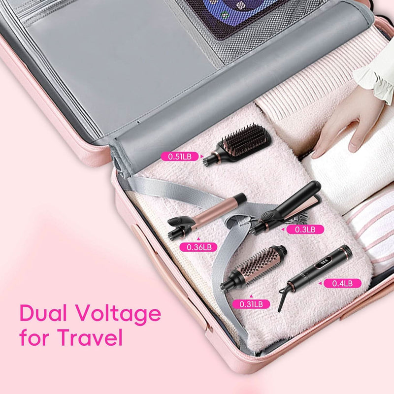 Hair Straightening Brush Set with Thermal Brush Flat Iron, 1 Inch Ceramic Curling Iron, 5 Adjustable Temps Professional Fast Heat with Glove, Dual Voltage for Travel - Sccoti