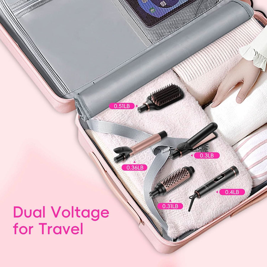 Hair Straightening Brush Set with Thermal Brush Flat Iron, 1 Inch Ceramic Curling Iron, 5 Adjustable Temps Professional Fast Heat with Glove, Dual Voltage for Travel - Sccoti