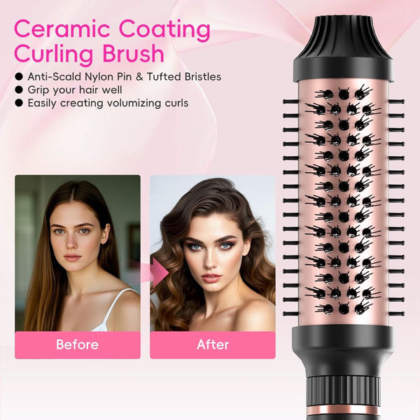 Hair Straightening Brush Set with Thermal Brush Flat Iron, 1 Inch Ceramic Curling Iron, 5 Adjustable Temps Professional Fast Heat with Glove, Dual Voltage for Travel - Sccoti