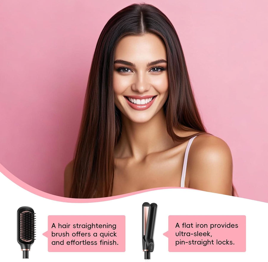 Hair Straightening Brush Set with Thermal Brush Flat Iron, 1 Inch Ceramic Curling Iron, 5 Adjustable Temps Professional Fast Heat with Glove, Dual Voltage for Travel - Sccoti