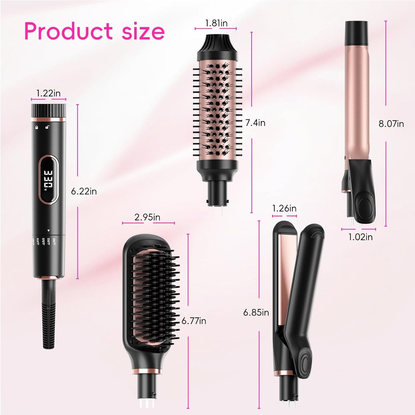 Hair Straightening Brush Set with Thermal Brush Flat Iron, 1 Inch Ceramic Curling Iron, 5 Adjustable Temps Professional Fast Heat with Glove, Dual Voltage for Travel