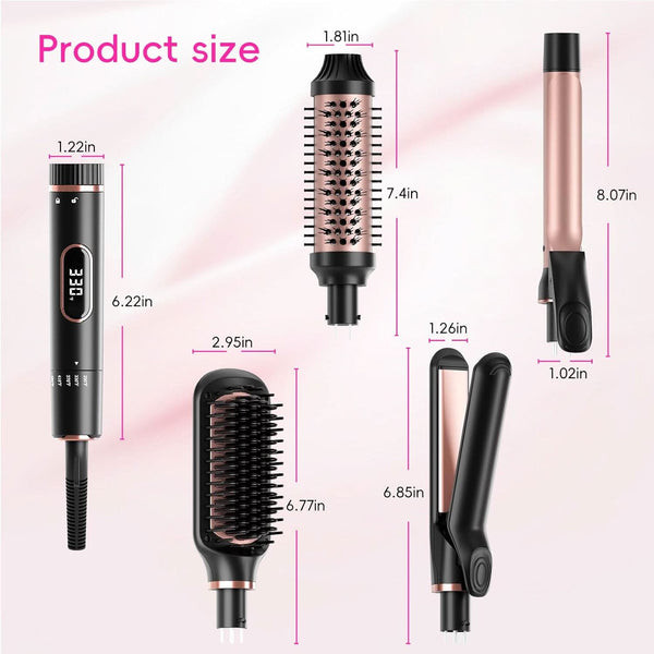 Hair Straightening Brush Set with Thermal Brush Flat Iron, 1 Inch Ceramic Curling Iron, 5 Adjustable Temps Professional Fast Heat with Glove, Dual Voltage for Travel - Sccoti