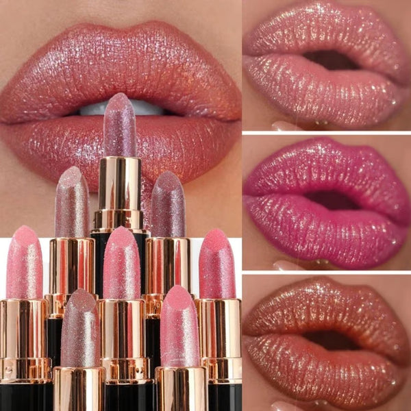 Brillo labial de diamante, barra de labios resistente al agua con purpurina