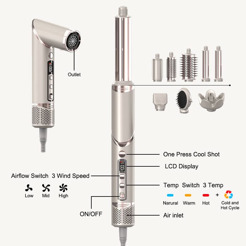 8 in 1 Multi Salon Styler Hair Dryer Brush Set with Folding Handle Auto Curler High Speed Dryer Hot Air Styler - Sccoti