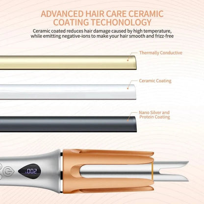 5 Temperature Levels Professional Automatic Portable 360° Ceramic Hair Curler PTC Heater Negative Ion Technology Spiral Wand - Sccoti